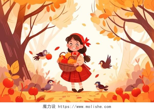 一个小女孩抱着一篮子苹果站在树林里卡通AI插画秋天立秋森林小鸟